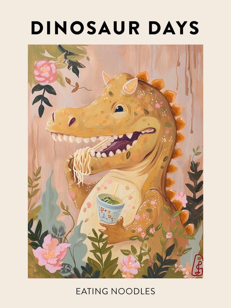 Eating Noodles Dinosaur Poster