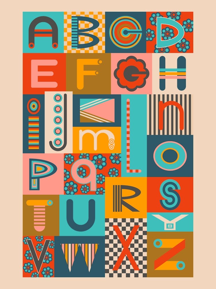 GEOMETRIC ABCs Postmodern Alphabet Letters in Retro Yellow Turquoise Red Blush Pink Brown Navy