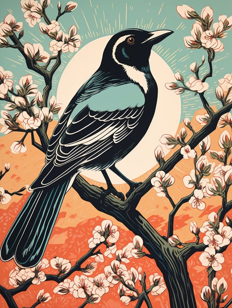 Vintage Bird Linocut Magpie 6