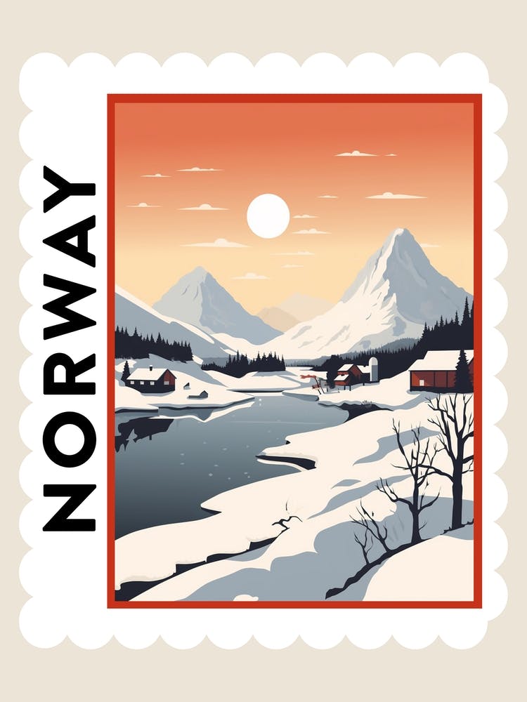 Retro Winter Stamp Poster Lofoten Islands Norway 2