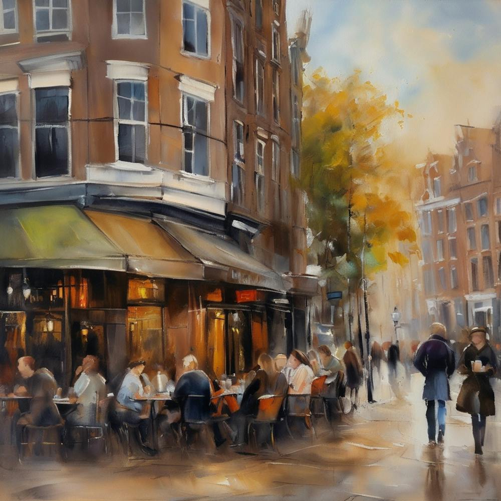 Amsterdam cafes, winter season, winter oil colors, pedestrians in the street, winter clothes, rain falling, Amsterdam print, Netherlands print, travel gift, Netherlands poster.4 7