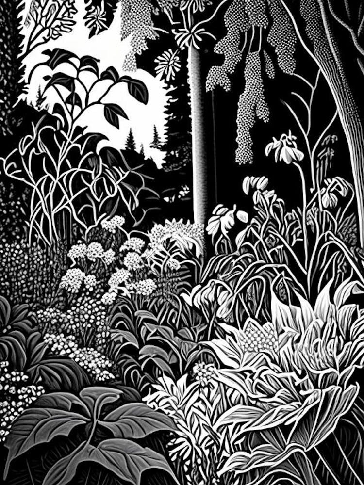 University Of British Columbia Botanical Garden, 1, Canada Linocut Black And White Vintage