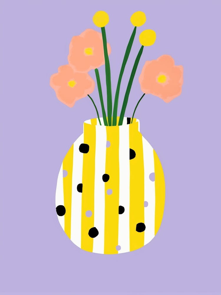 Streifenvase gelb-weiß mit Punkten, einfaches lila Blumen Illustration Design