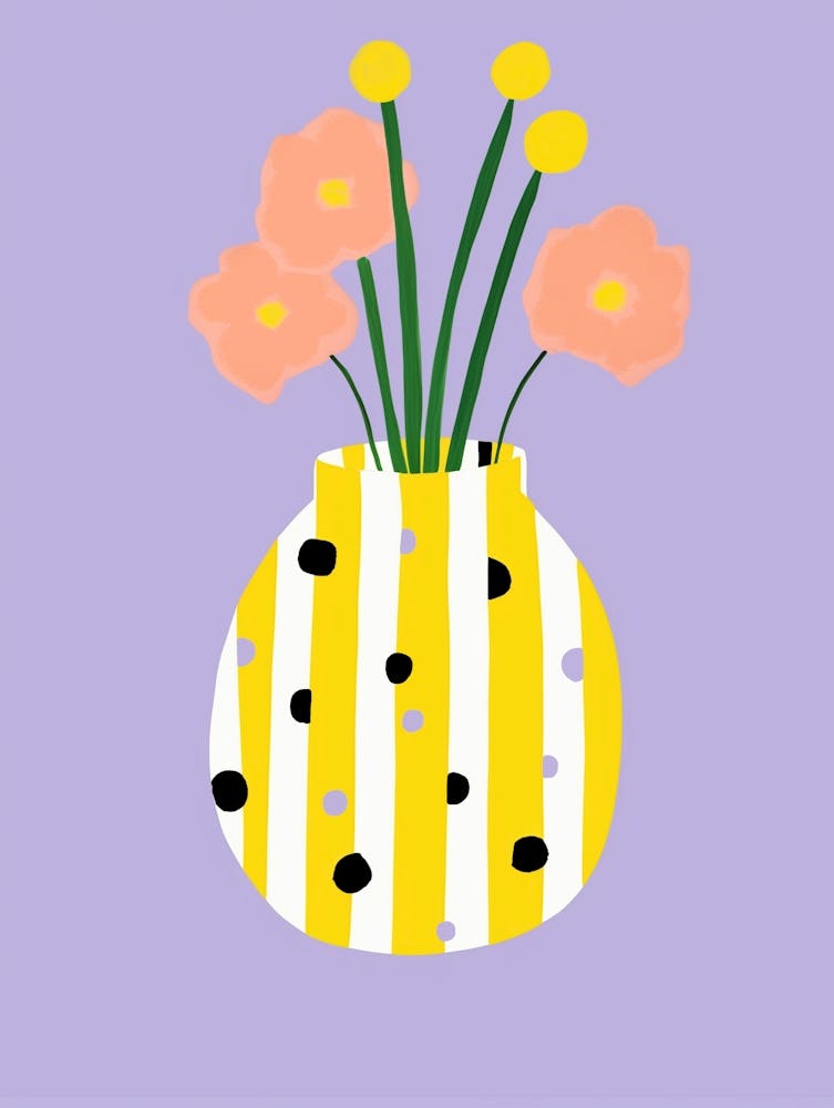 Streifenvase gelb-weiß mit Punkten, einfaches lila Blumen Illustration Design