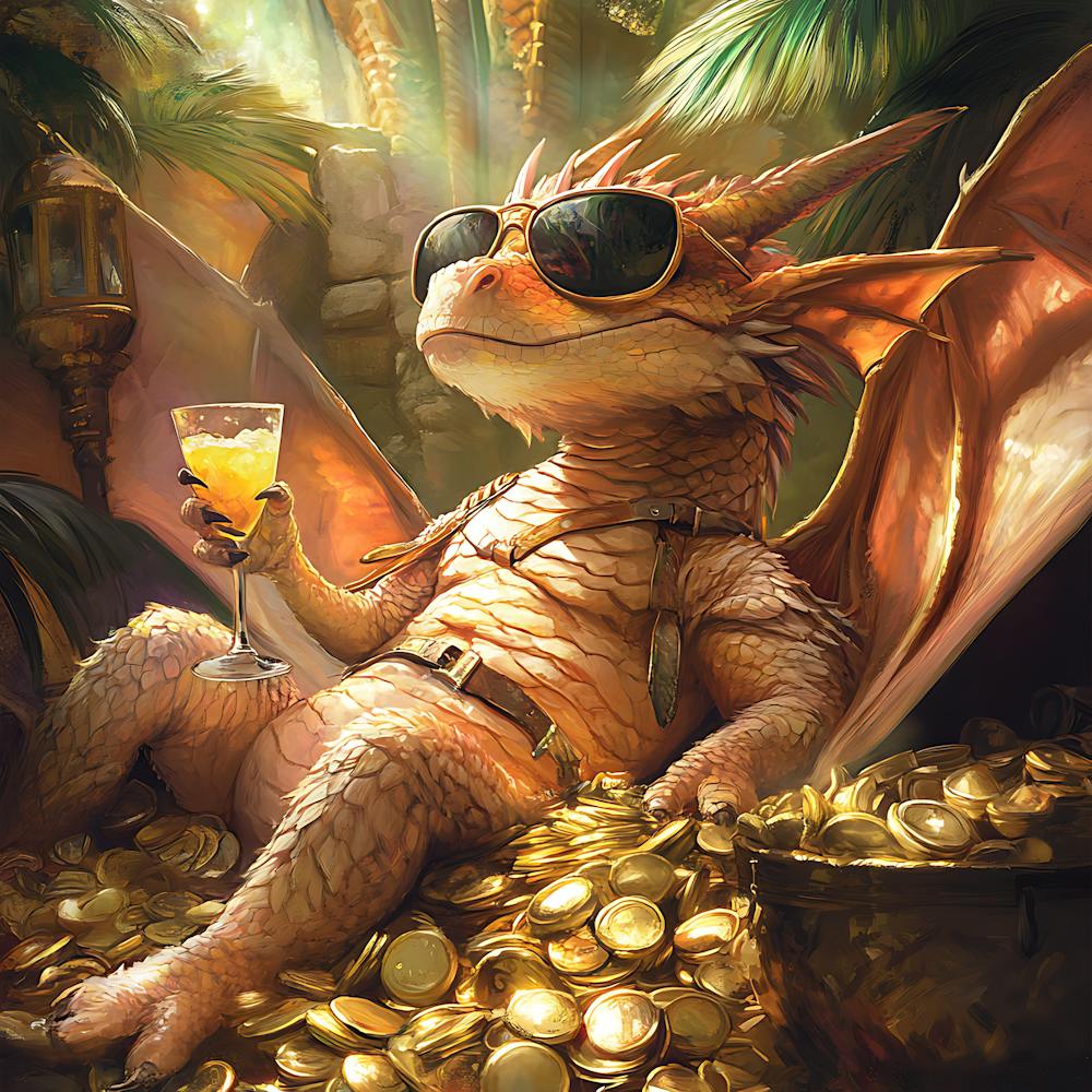 Cool Dragon Lounging on Gold Background 2
