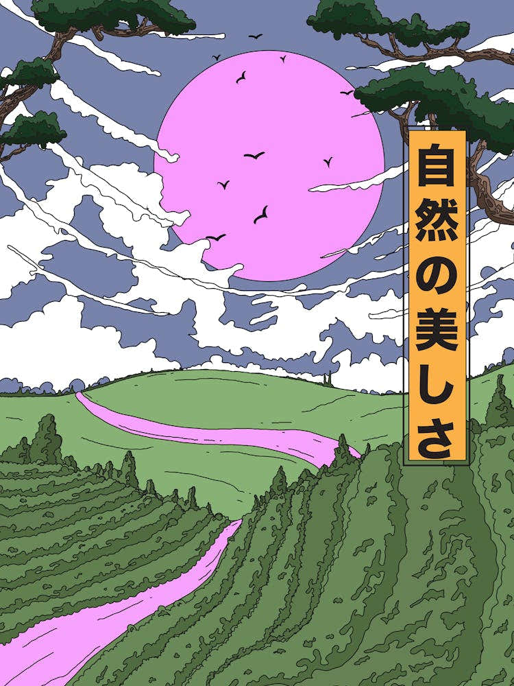 Pink Moon Rural Asian Landscape