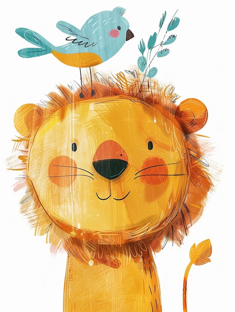 Small Joyful Lion With A Bird On Its Head 6