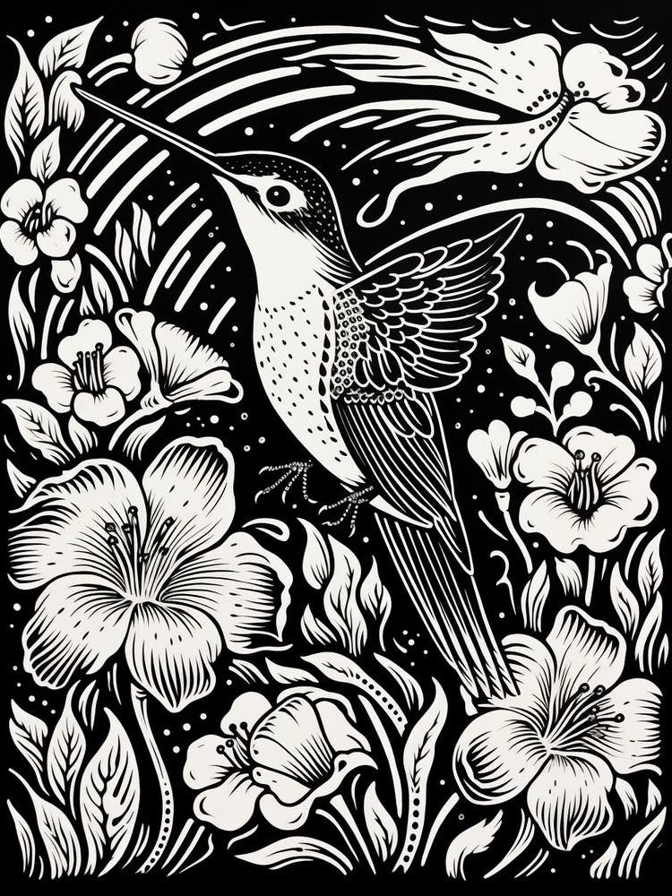 B&W Bird Linocut Hummingbird 5