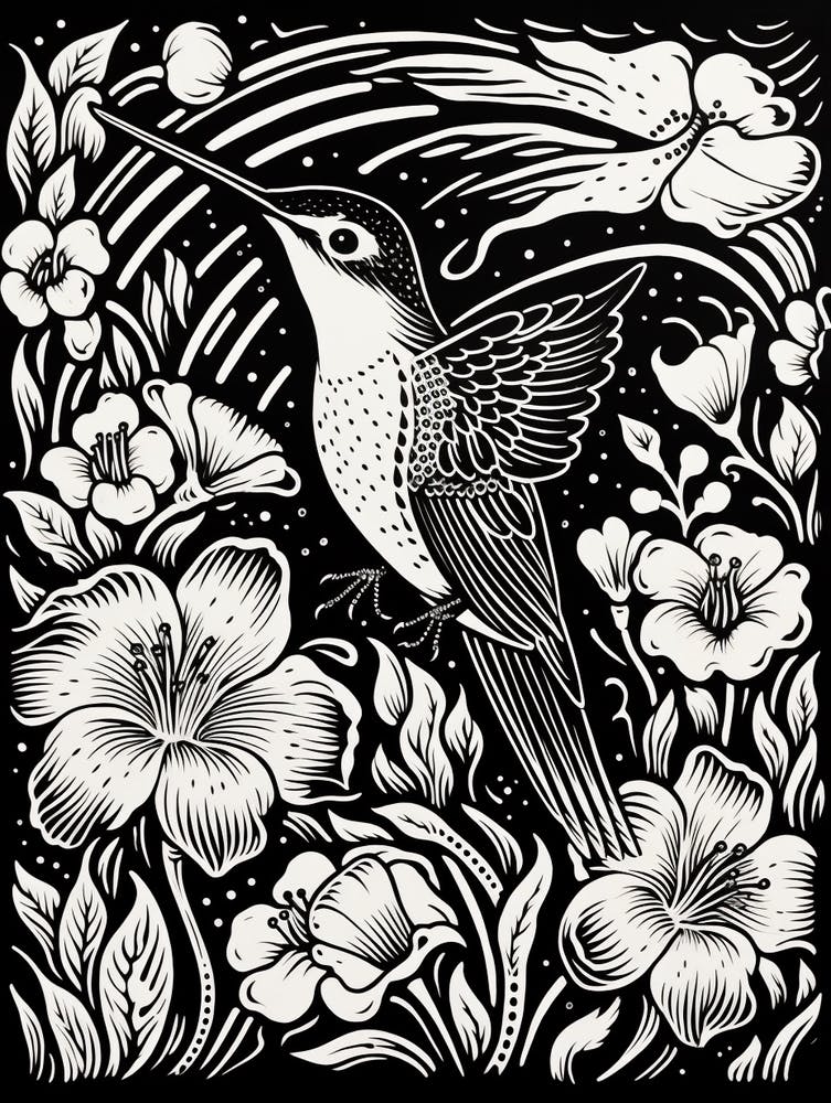 B&W Bird Linocut Hummingbird 5