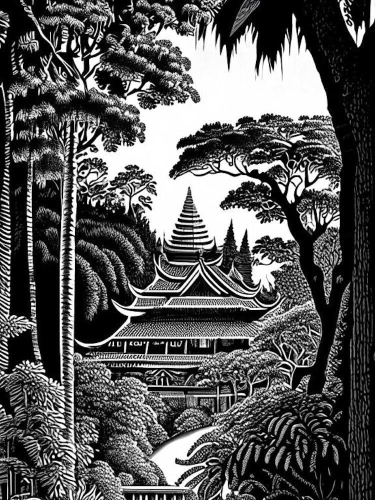 Suan Nong Nooch, Thailand Linocut Black And White Vintage