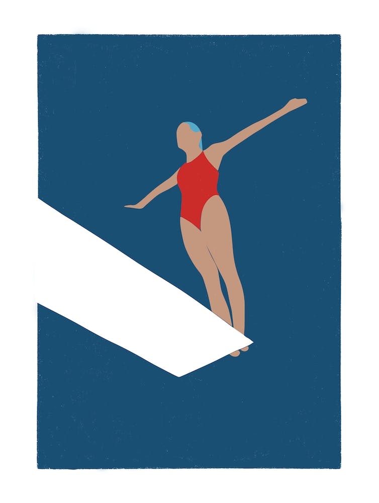 Woman on diving board in navy
