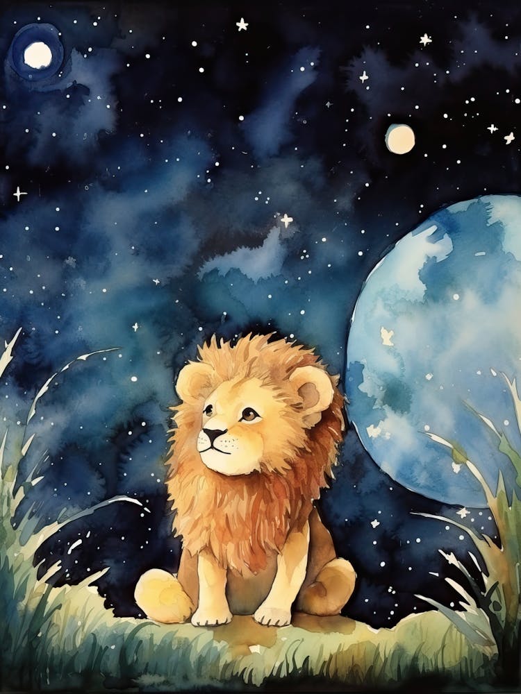 Stargazing Watercolour Lion Art Painting 1