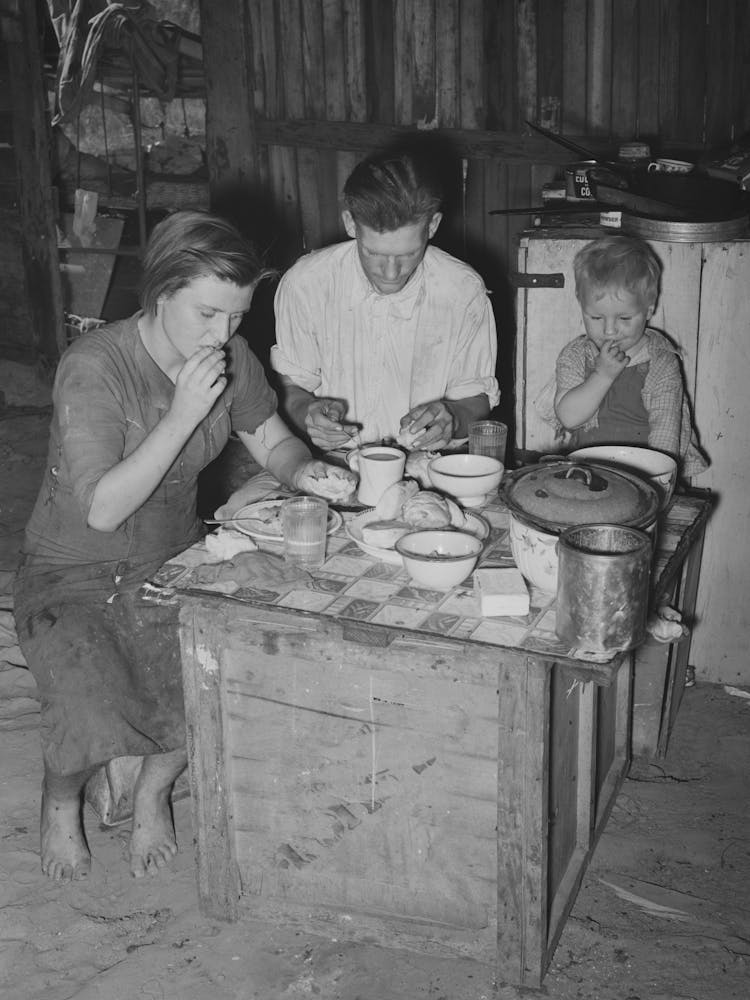 Family Eating Breakfast, Mays Avenue Camp, Oklahoma City, Oklahoma, See General Caption No, 21 By Russell Lee