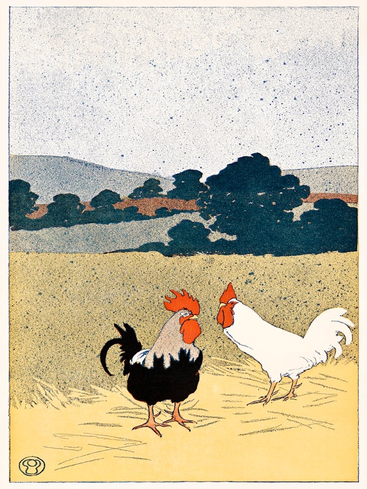 Two Roosters In A Field (1898), Edward Penfield