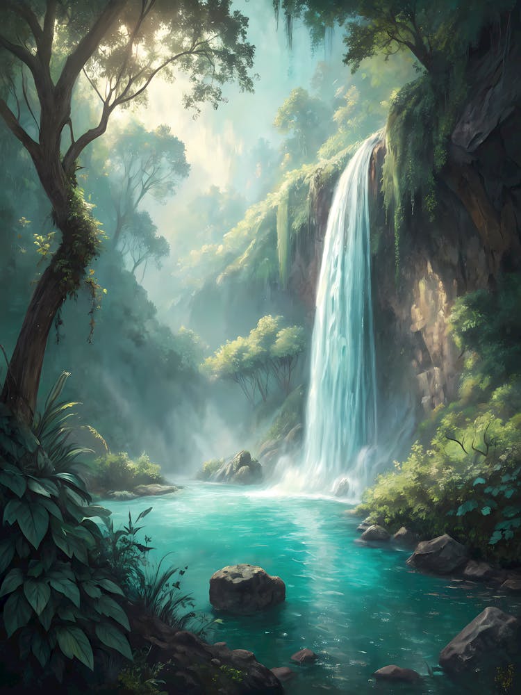 Oil Painting Style Magical Misty Waterfall Enchanted Forest Landscape