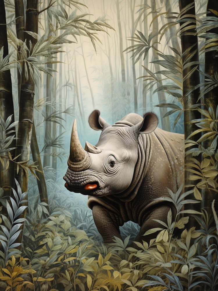 Rhino In The Green Leaves Realistic Illustration 8