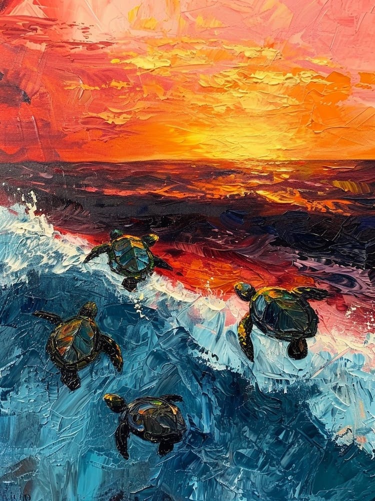 Expressionism Style Painting Of Sea Turtles In The Waves 2