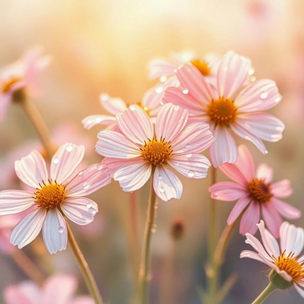 Pink Cosmos Flowers At Sunrise