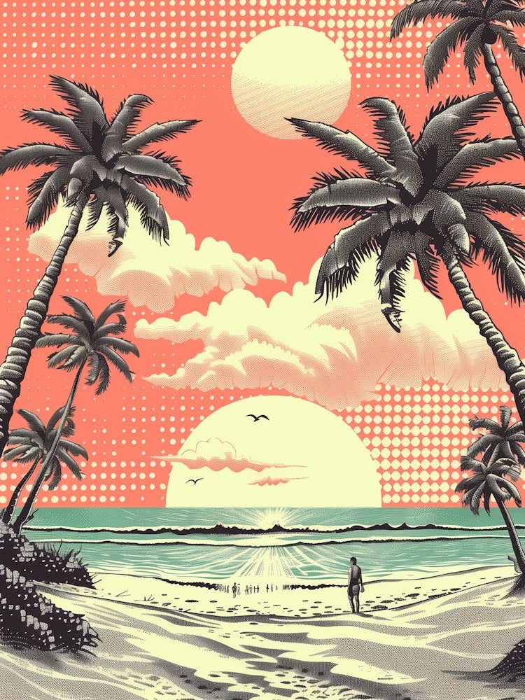 Retro Style Tropical Beach With Palm Trees