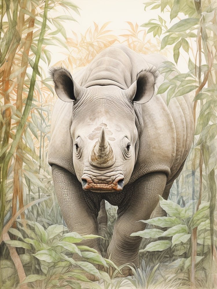 Vintage Illustration Of A Rhino Walking Through The Leaves 2