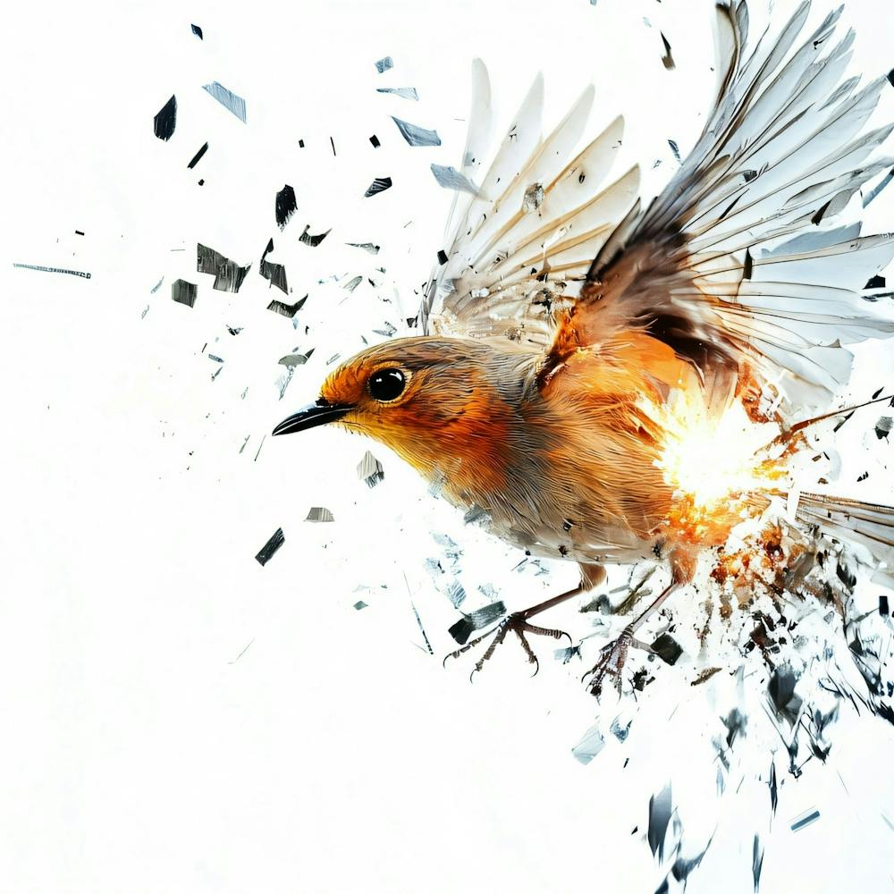 Robin Flying Through Shattered Glass