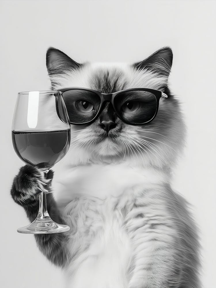 Ragdoll Cat Drinking Wine Wall Art, Black And White Print, Bar Cart Print, Cat Owner Gift, Funny Cat Poster, Bar Decor, Kitchen Decor