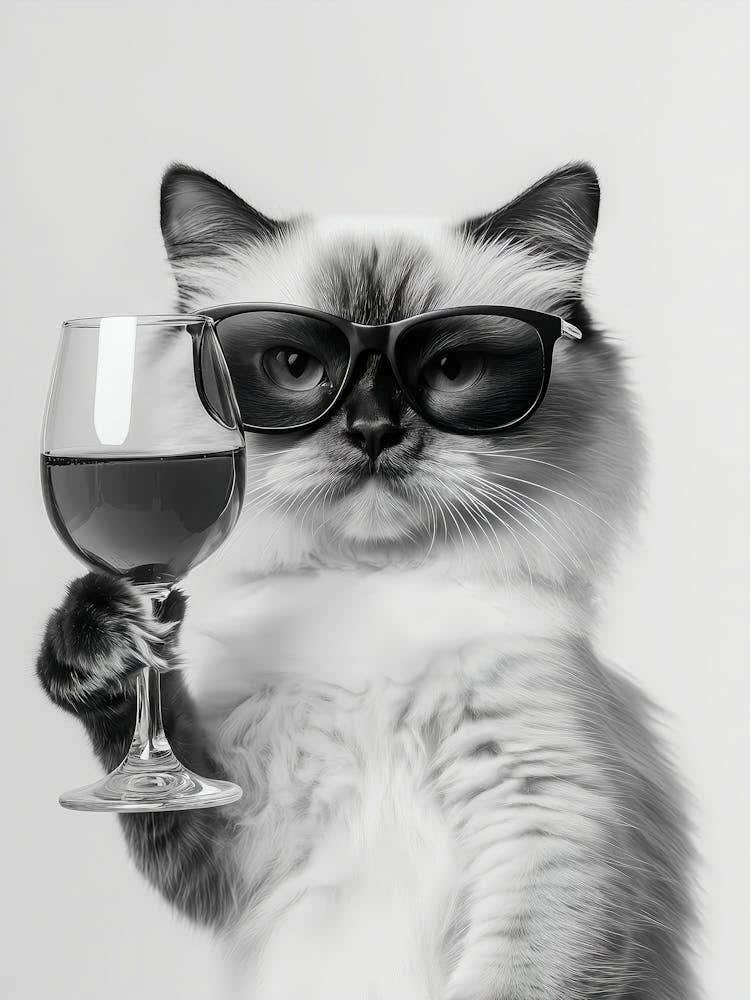 Ragdoll Cat Drinking Wine Wall Art, Black And White Print, Bar Cart Print, Cat Owner Gift, Funny Cat Poster, Bar Decor, Kitchen Decor