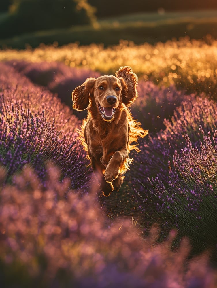 Dog Running Through Lavender Field. Generated AI. 3