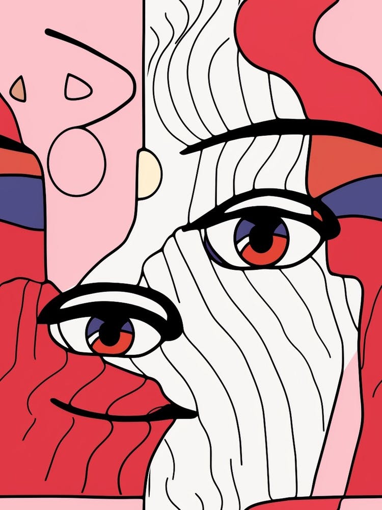 Red & Pink Abstract Face Line Drawing