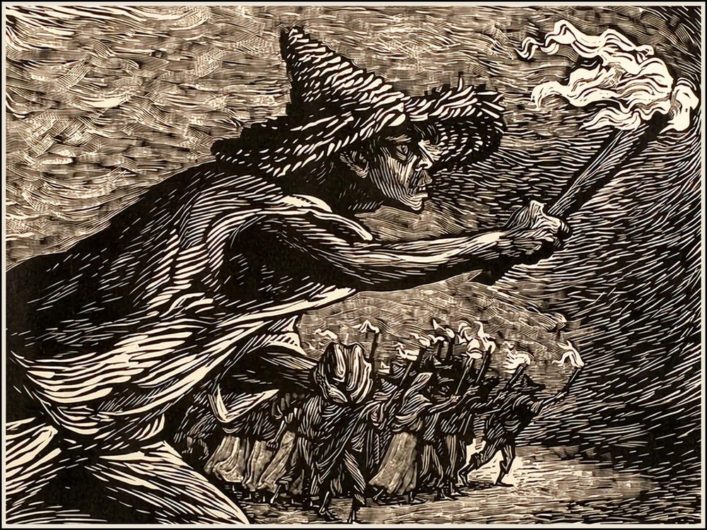 The Torches 1947 Vintage Lithograph Engraving by Leopoldo Mendez Graphic Designer - Remastered High Definition Also Known As 'Las Antorchas' Mexican Witch Hunter Running Townspeople Gothic Dark Aesthetic Witchcraft Witchy Horror High Definition