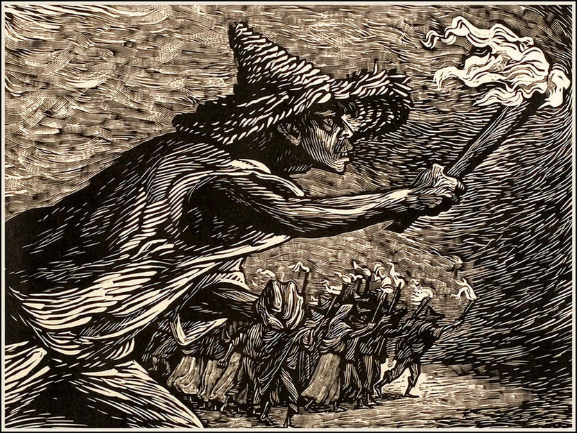 The Torches 1947 Vintage Lithograph Engraving by Leopoldo Mendez Graphic Designer - Remastered High Definition Also Known As 'Las Antorchas' Mexican Witch Hunter Running Townspeople Gothic Dark Aesthetic Witchcraft Witchy Horror High Definition