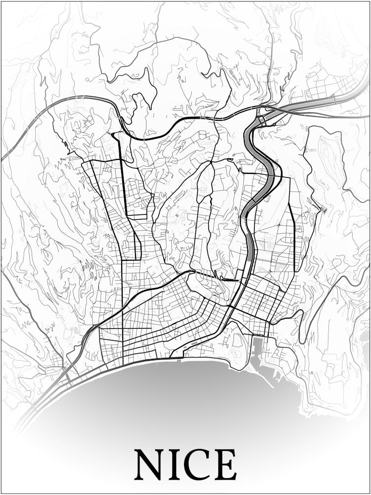 Nice, Alpes Maritimes, France, City Map, Black And White Fade Design