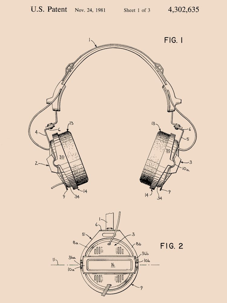 Headphones Patent Drawing Vintage Poster 01