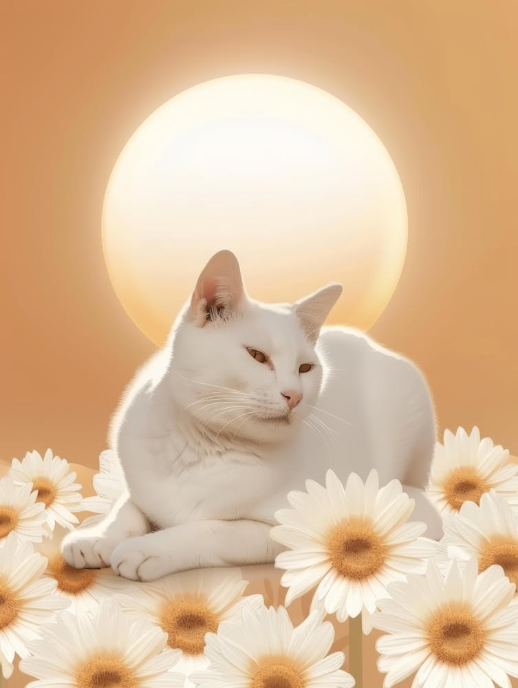 White Cat With Daisies