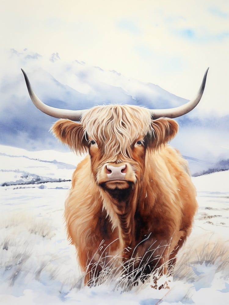 Highland Cow In The Snow Watercolour 3