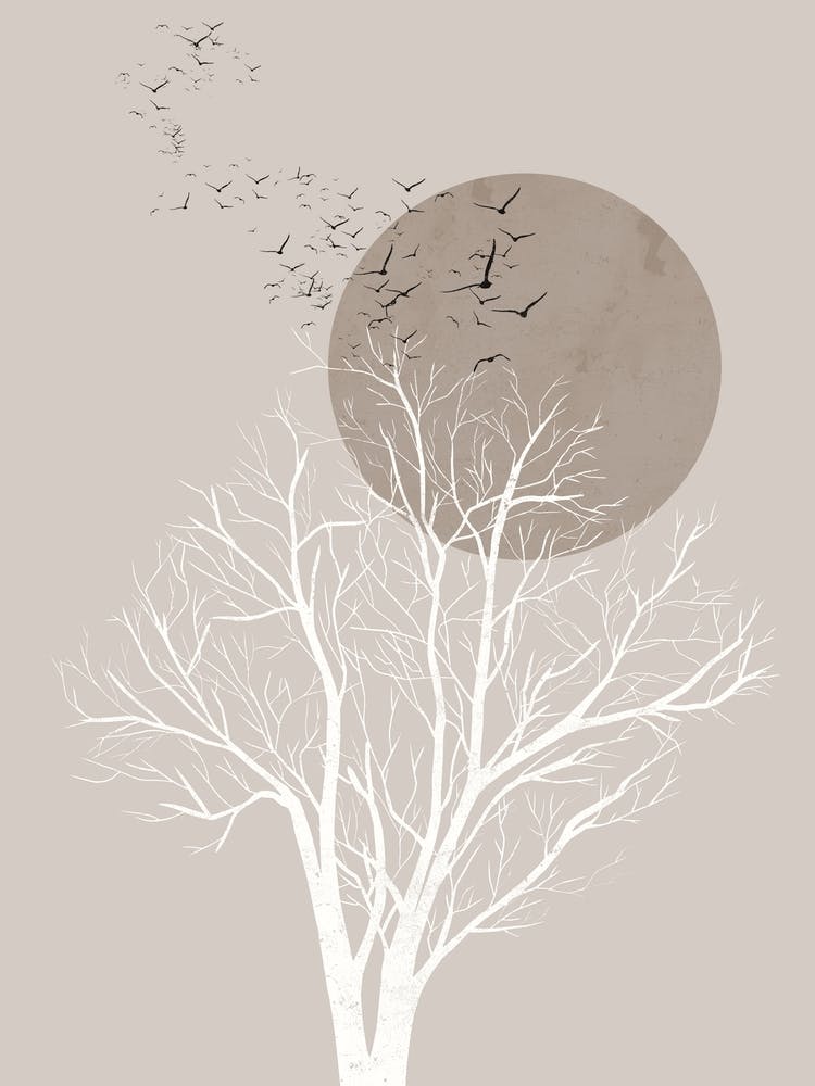 Abstract Tree with Sun and Birds