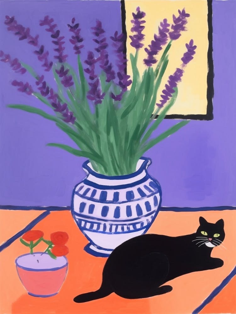 A Painting Of A Still Life Of A Lavender With A Cat In The Style Of Matisse 4