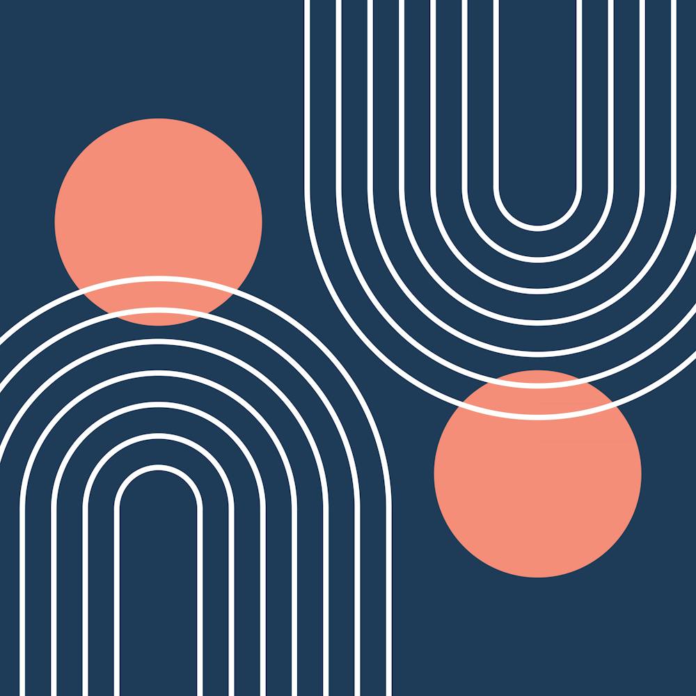 Mid Century Modern Geometric In Navy Blue And Coral (Rainbow And Sun Abstract) 02