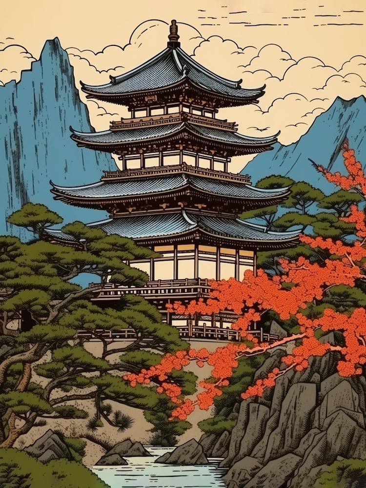 Byodo In Temple, Japan Vintage Travel Art 2