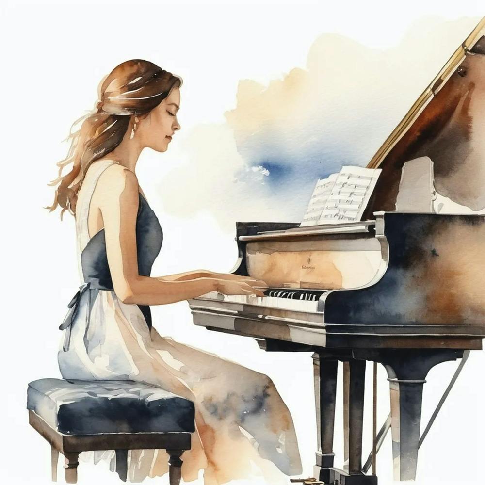 Watercolor Of A Woman Playing The Piano