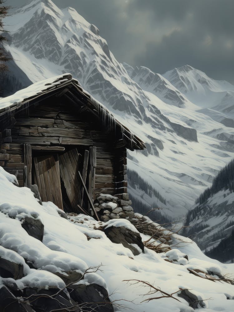 Moody Rustic Winter Cabin Painting