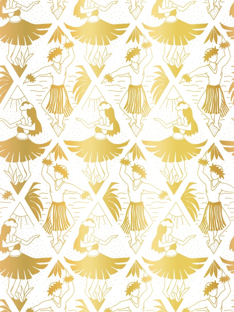 Hawaiian Hula Polynesian Dancers Rhombus Damask Faux Gold White