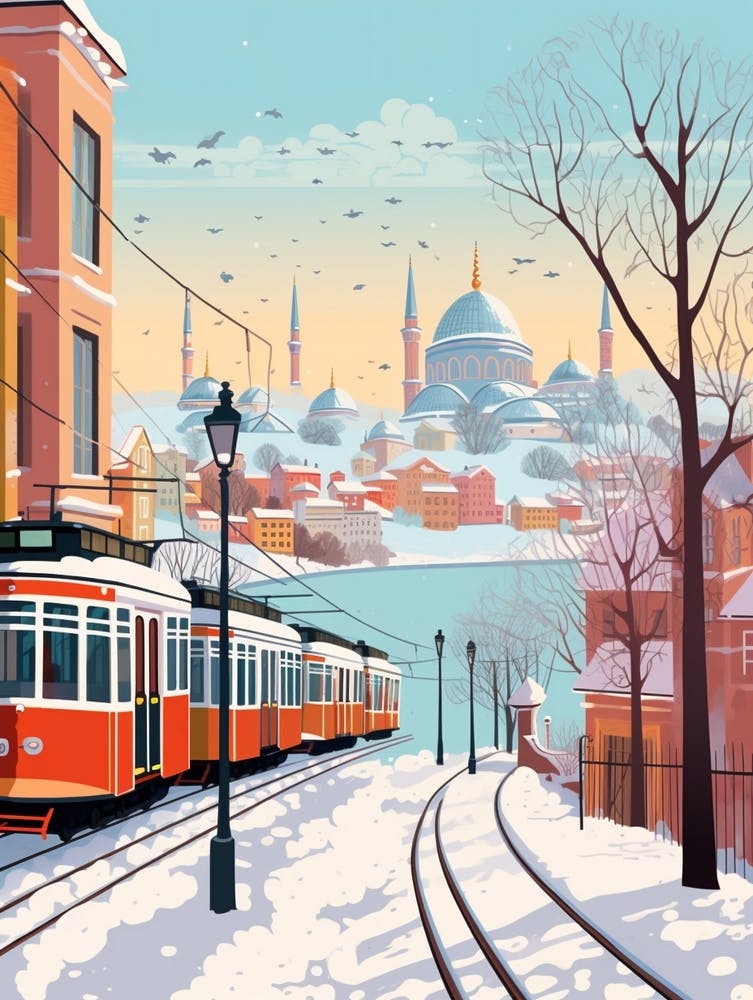 Vintage Winter Travel Illustration Istanbul Turkey 1