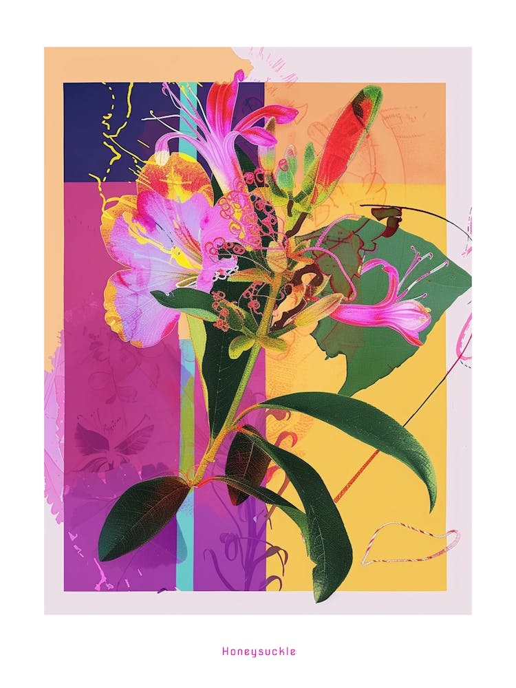 Honeysuckle 4 Neon Flower Collage Poster