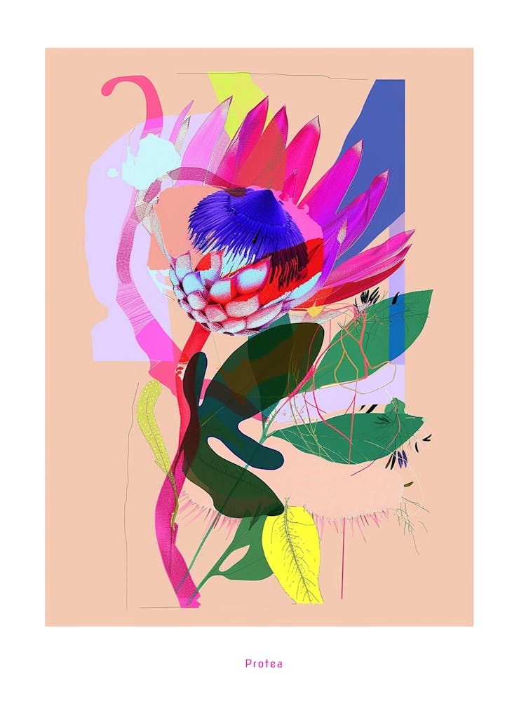Protea 2 Neon Flower Collage Poster