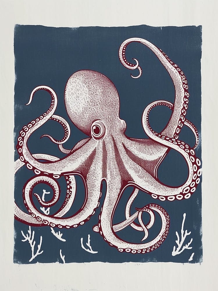 Retro Red Navy Octopus Linocut Style 3