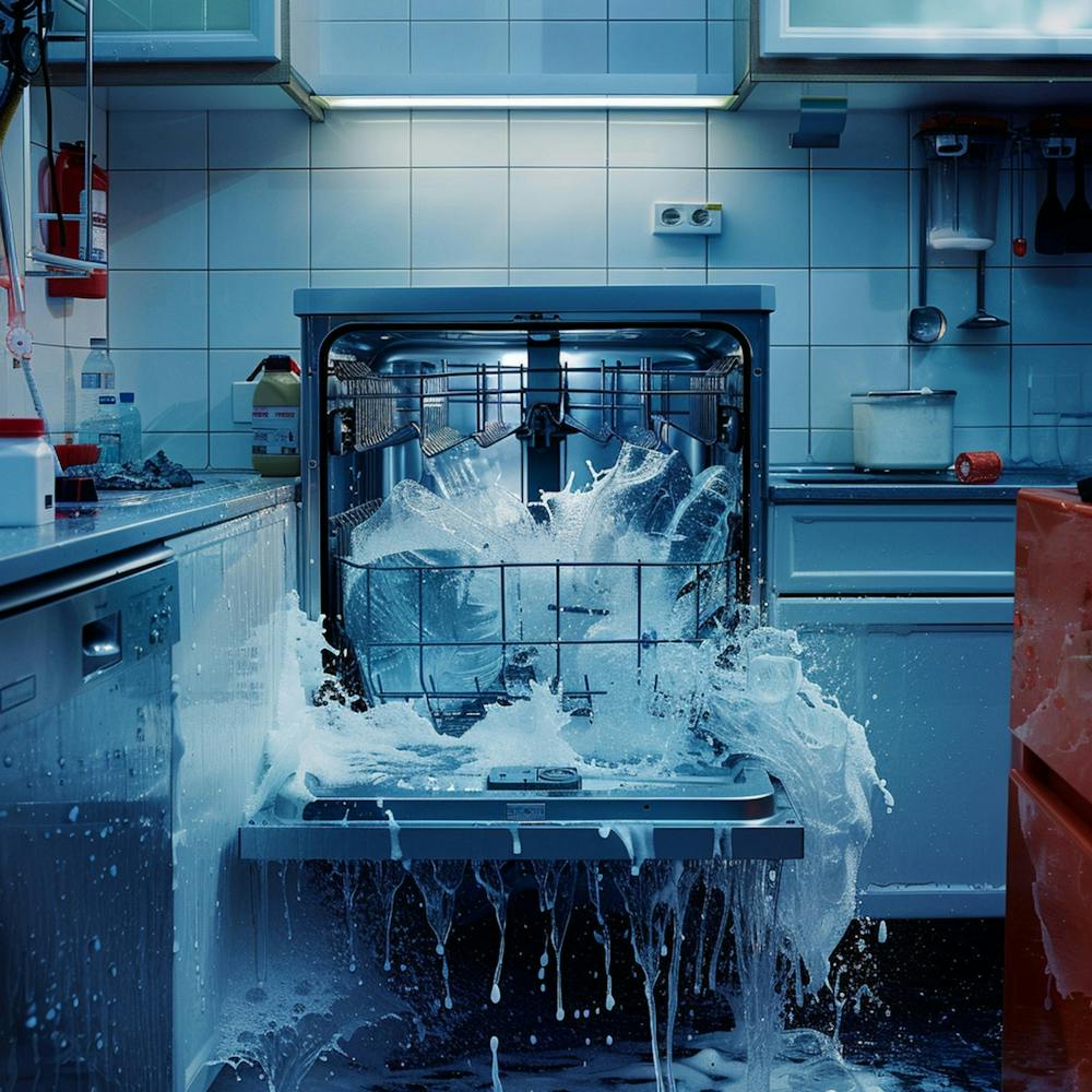A Hyper Realistic Extreme Long Shot Photograph Of A Leaky Dishwasher, , F5