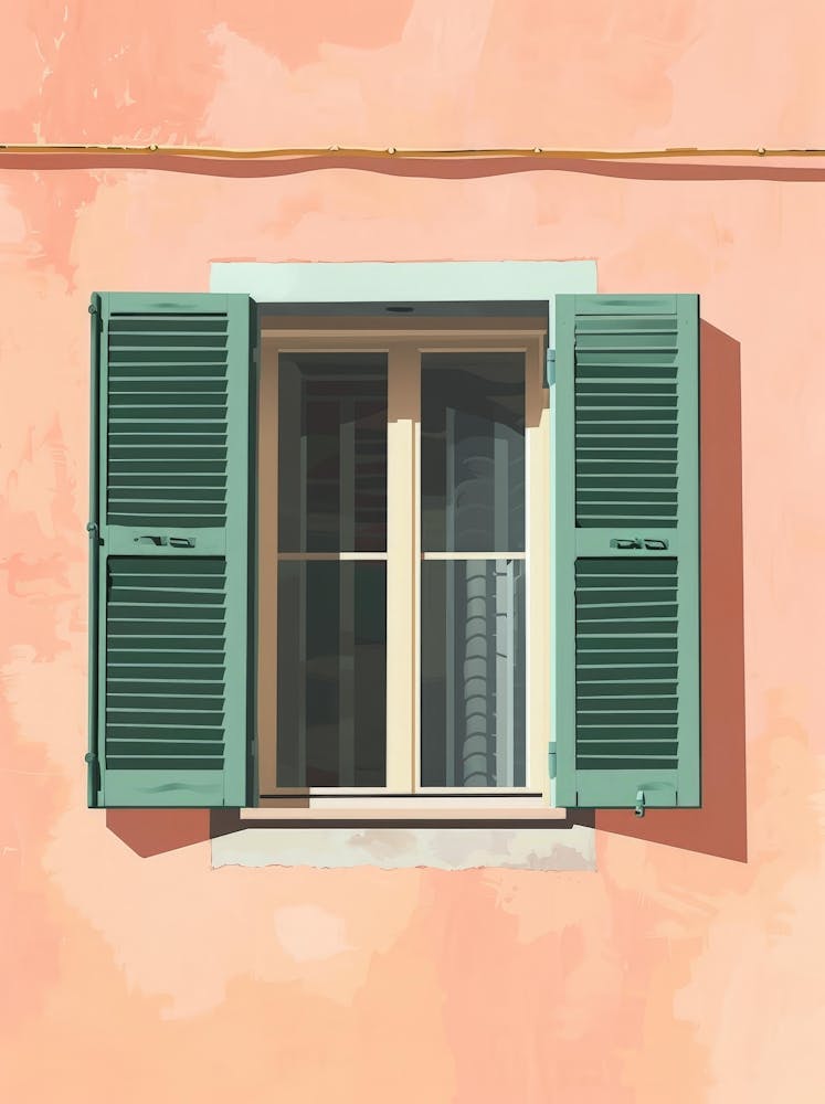 Green Shutters On A Pink Wall