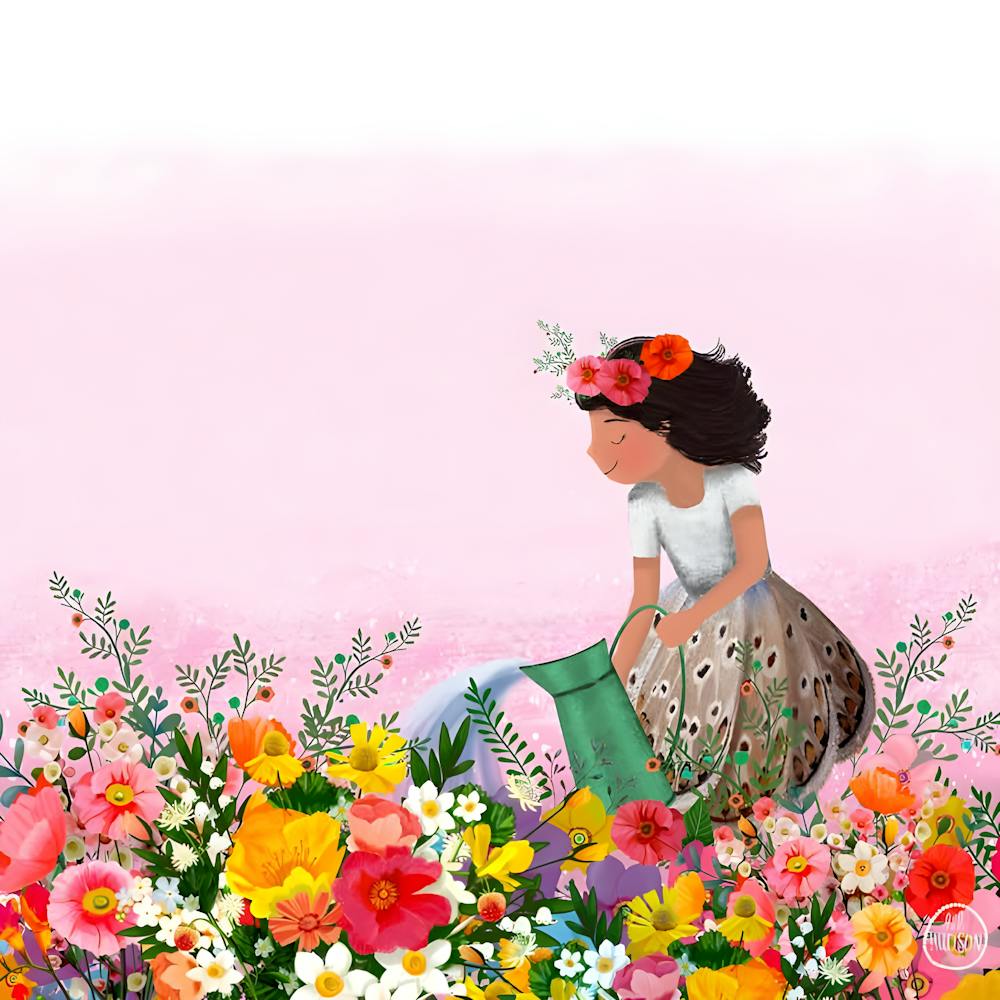 Whimsical Girl Watering Flowers Illustration Spring Garden