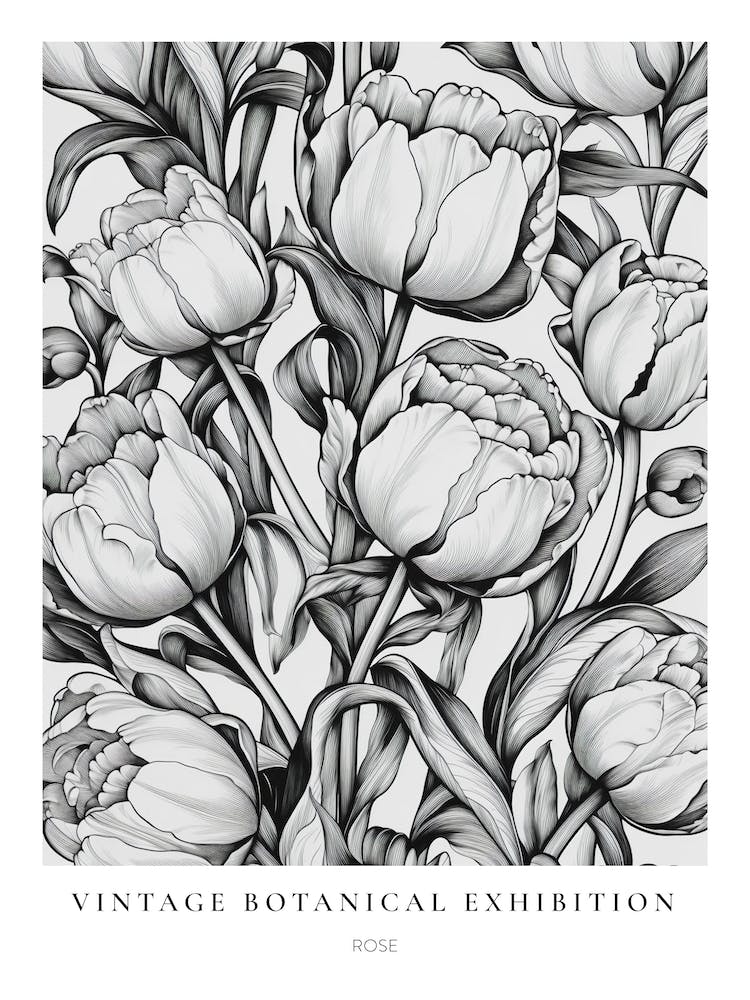 Rose 2 B&W Vintage Botanical Poster